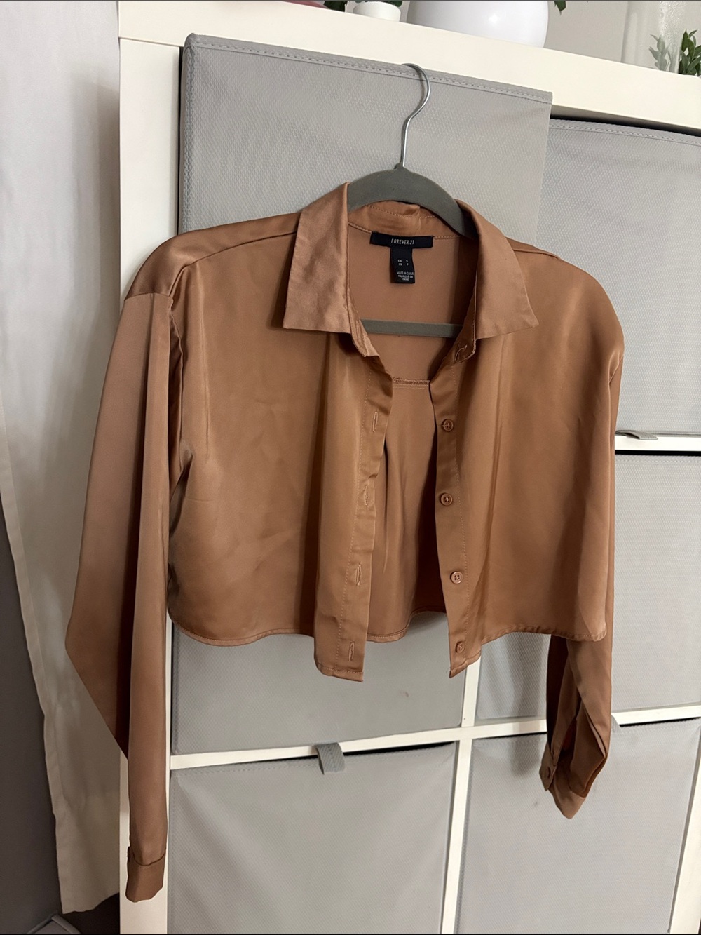 Forever 21 Cropped Satin Button-Down Shirt in Camel Brown